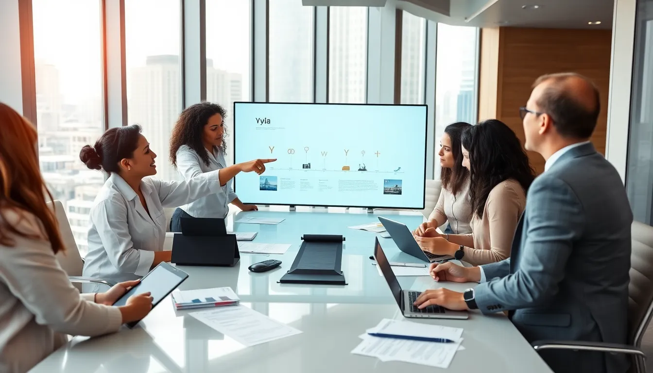 diverse researchers discussing Yyyyÿyyyyyyyyy in a modern office.
